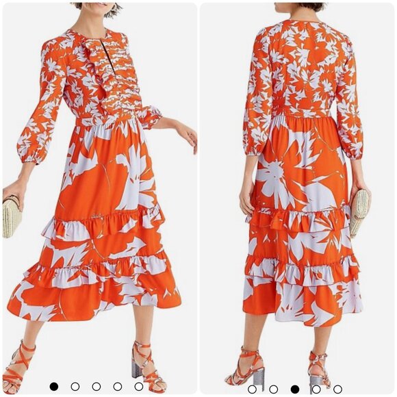 J.Crew Tiered Ruffle Midi Dress Size 6 Orange Blue Ballon Long Sleeves Floral - Picture 1 of 16